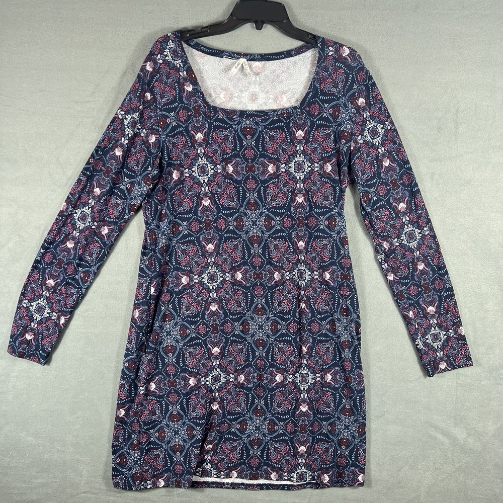 Mudd Women's 1X Plus Size Navy Floral Paisley Long Sleeve Square Neck Dress
